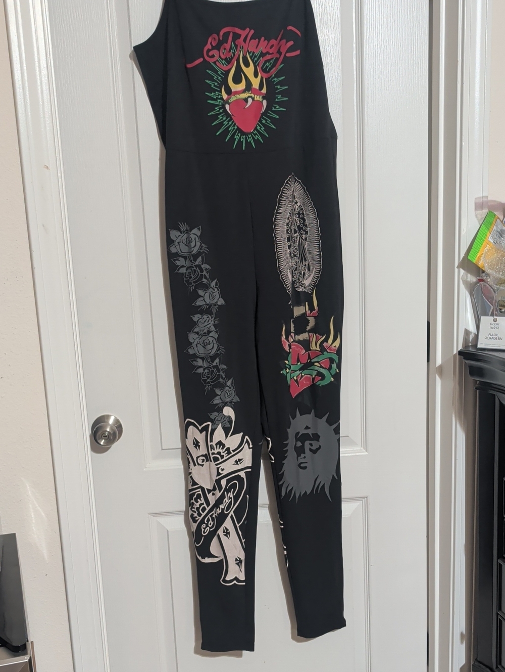 Ed Hardy Black Jumpsuit with Colorful Heart & Flame Graphics
